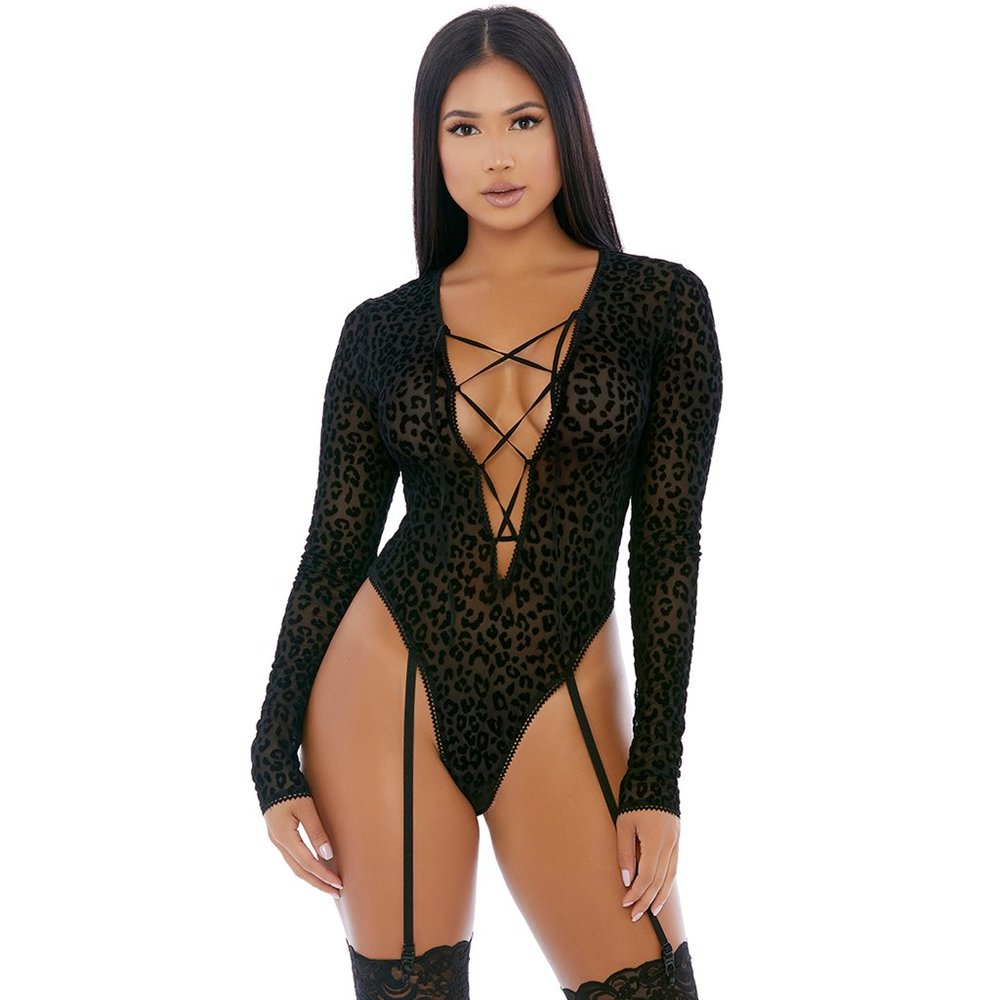 Cheetah Print Long Sleeve Garter Teddy with Lace Up Plunging Neckline